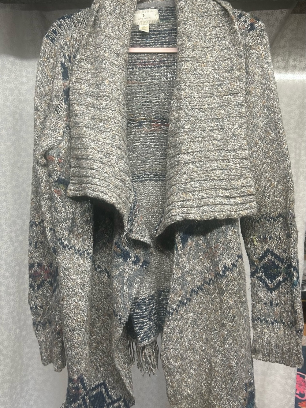 ruby moon Gray Open-Front Shawl Collar Cardigan with Pattern Accents